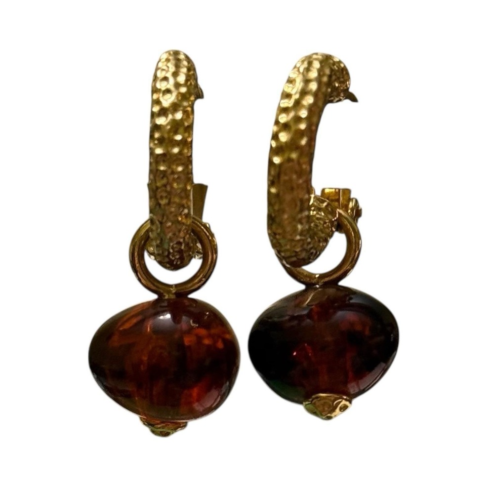 Vintage St John Gold Tone Hoop Clip‎ Earrings Tortoise Lucite Drop